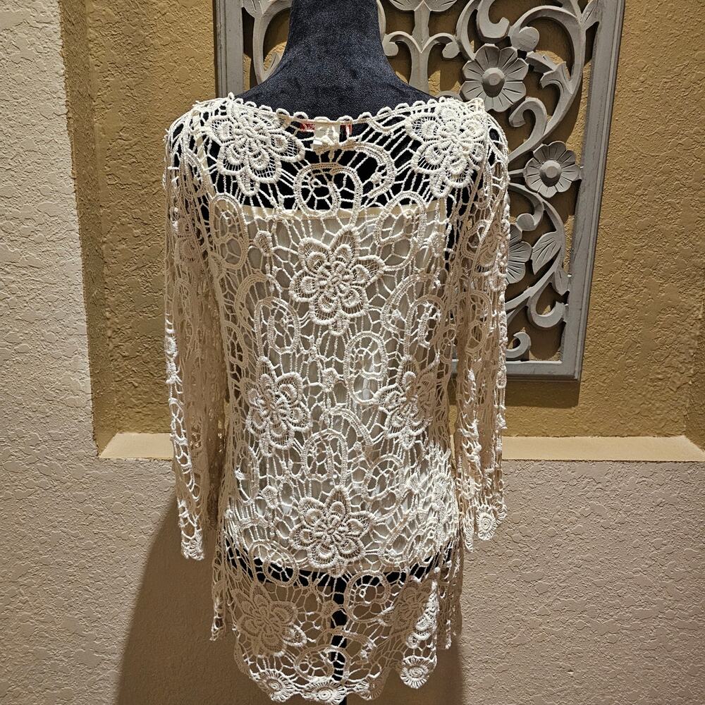 Boho Lace Overlay Top Crochet Floral Sheer Romantic Cottagecore Blouse L - Picture 4 of 8